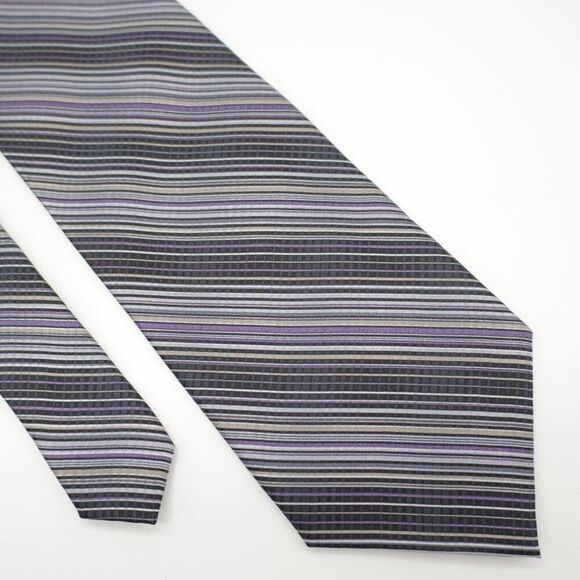 Van Heusen Black Purple Tan Striped Print‎ Stain Resistant Wide Silk Tie - Picture 1 of 7